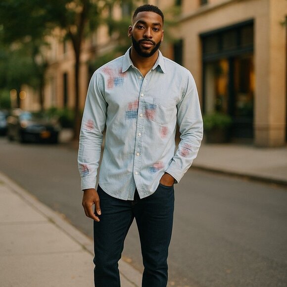 7 Diamonds Mens Long-Sleeve Button-Up Shirt With Red & Blue Abstract Print Retro - Picture 2 of 7